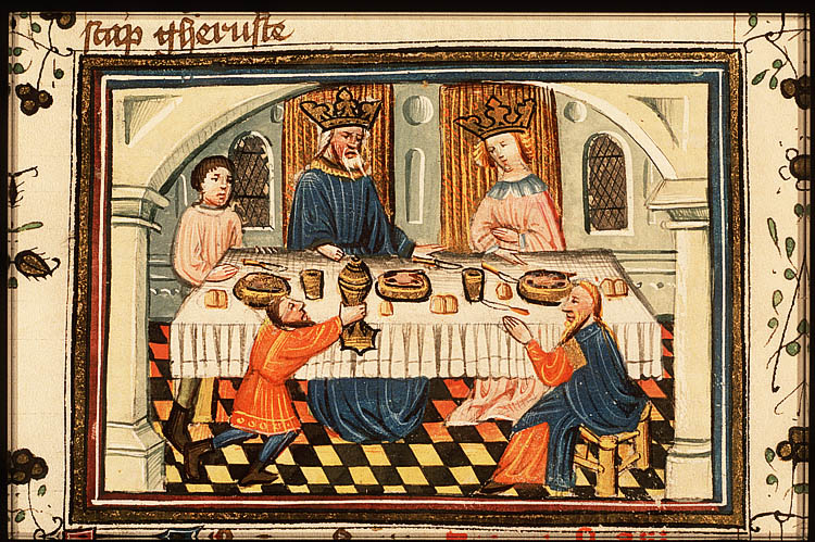 Maîtres d’Azor (vers 1430) : Banquet d’Esther – Esther accuse Haman devant Assuérus